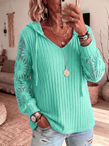 Women V Neck Hooded Sweatshirt Ribbed Knit Floral Lace Splicing Long Sleeve Drawstring Casual Pullover Tops