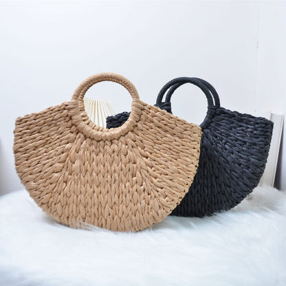 Personalized Vintage Paper-woven Bag Semicircular Travel Tote With Large Capacity