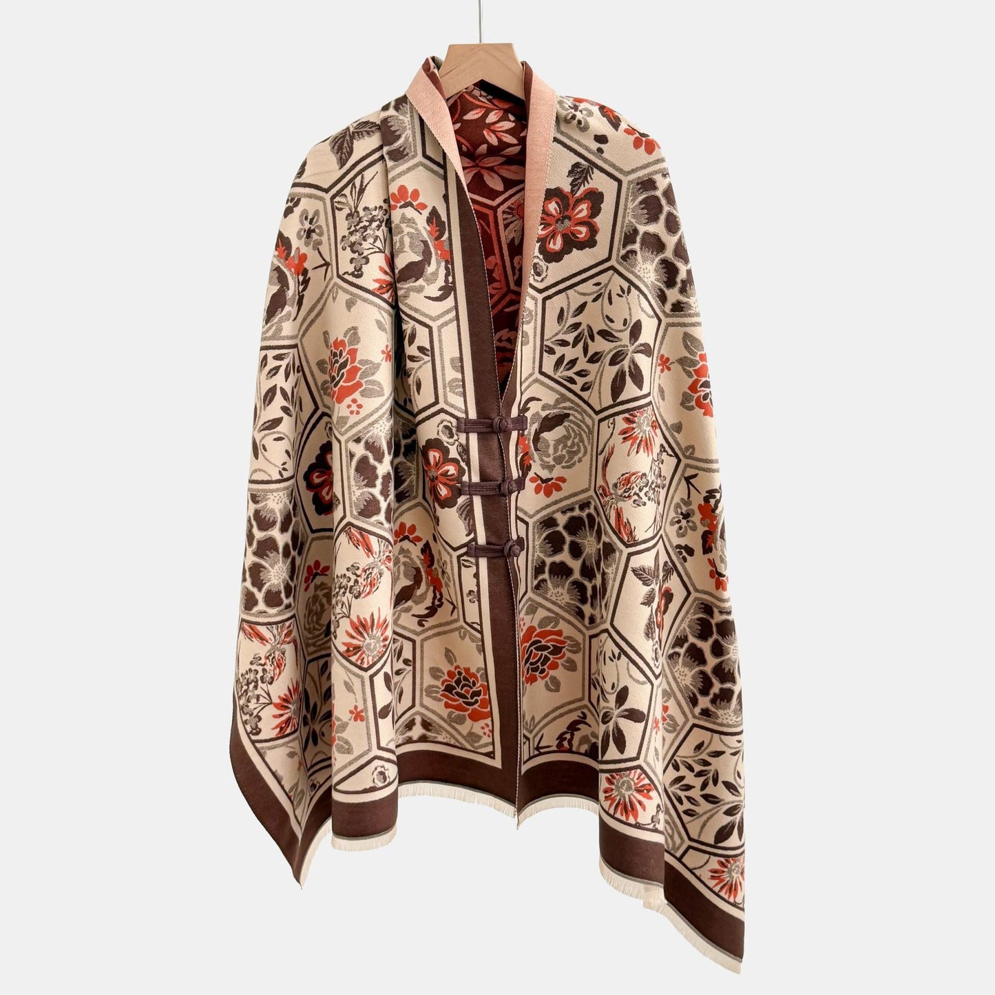 Vintage Knot-button Outerwear Jacquard Shawl