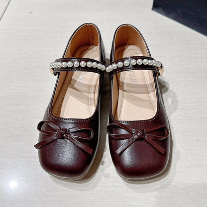 Girls & Women Gentle Style Pearl Mary Jane Flats, Bow Decoration Non Slip Soft Sole Hook And Loop Dress Shoes For Spring Autumn