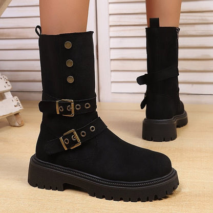 Women Retro Suede Mid Calf Boots Double Buckle Metal Rivet Thick Platform Moto Western Boots