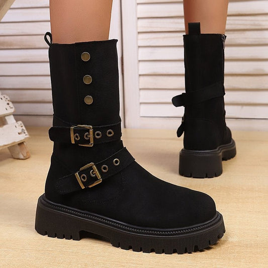Women Retro Suede Mid Calf Boots Double Buckle Metal Rivet Thick Platform Moto Western Boots