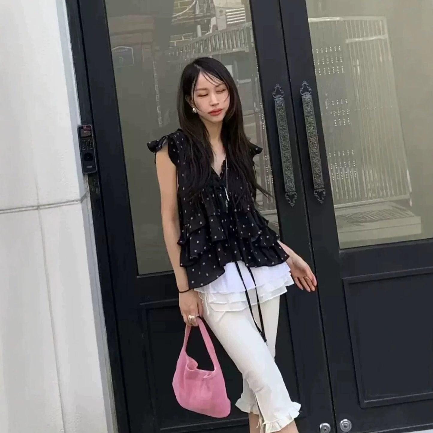 Pleated Floral-print Ruffled Blouse Vest With Ribbons