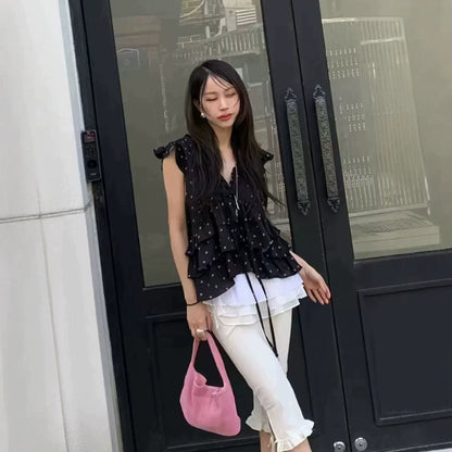 Pleated Floral-print Ruffled Blouse Vest With Ribbons