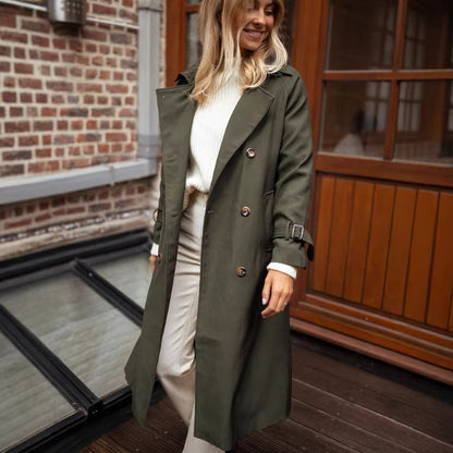 Womens Solid-color Long Lapel Loose-fit Trench Coat