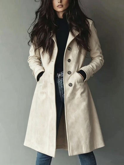 High Quality European American Style Women's Fall Winter Lapel Suede Mid-Length Trench Coat