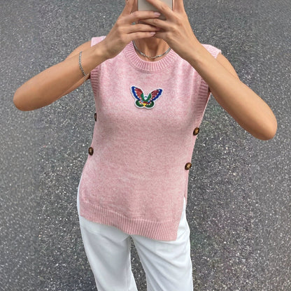 Knitted Women's Jacket Round-Neck Sequin Butterfly Vest
