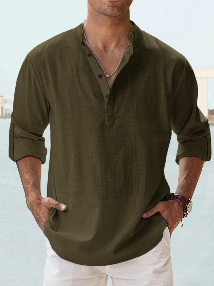 Trade Men's Linen Collar Long-sleeved T-shirt Loose T-shirt Solid Color Long-sleeved Cotton And Linen Shirt For Men