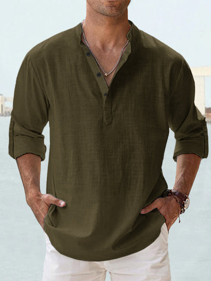 Trade Men's Linen Collar Long-sleeved T-shirt Loose T-shirt Solid Color Long-sleeved Cotton And Linen Shirt For Men