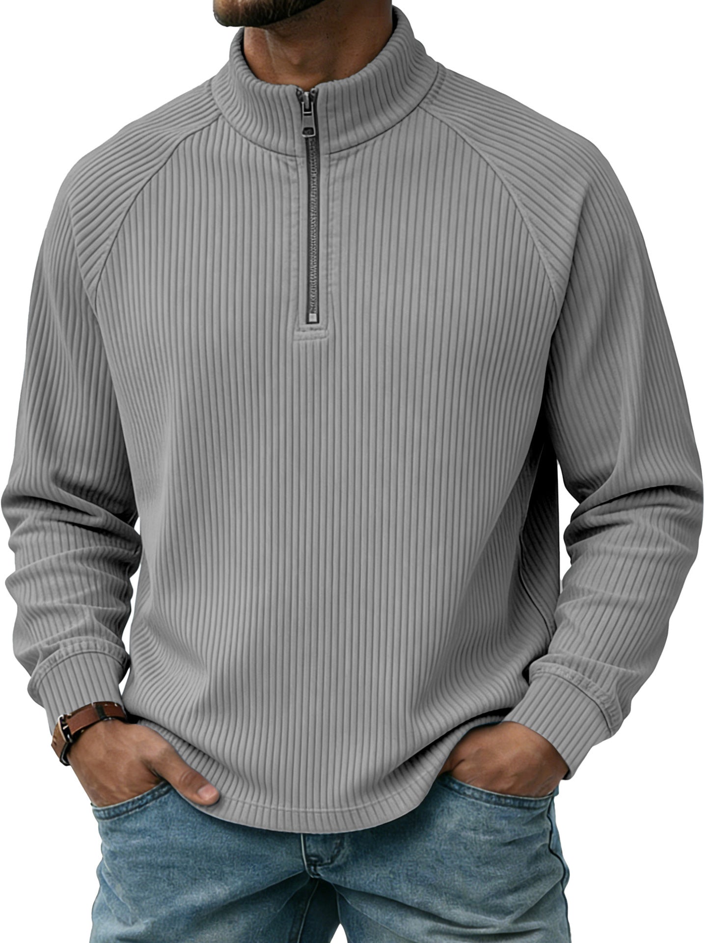 Mens Vertical-Striped Zip-Up Stand-Collar Long-Sleeve Polo Shirt