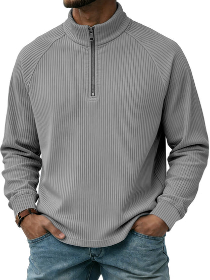 Mens Vertical-Striped Zip-Up Stand-Collar Long-Sleeve Polo Shirt