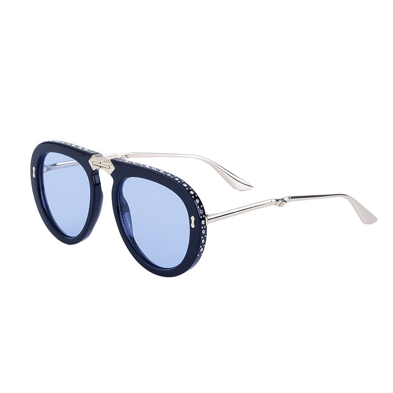 Diamond-Encrusted Foldable Sun Protection Sunglasses For Women, Fashionable Glasses, Internet Celebrity Style Sunglasses, Plain Aviator Glasses, Sunglasses