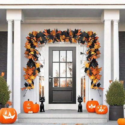 Halloween Artificial Maple Leaf Garland, Pumpkin Spider Fall Vine Decor, Spooky Hanging Garland For Front Door Mantel Wall, Halloween Party Holiday Decorations