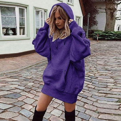 Women's Solid Color Pullover Hooded Loose Fleece Sweater