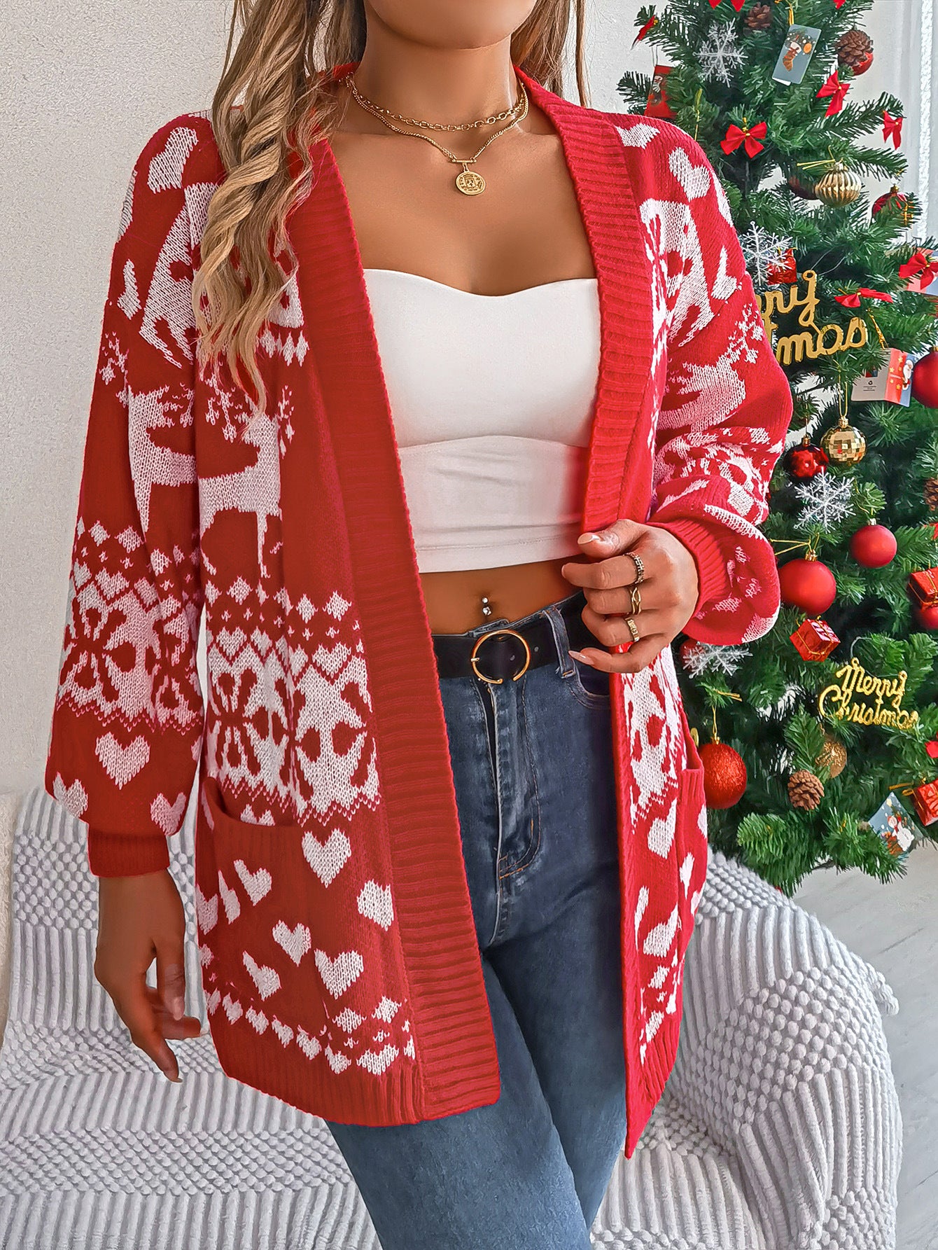 Women's Christmas Deer Print Cardigan Sweater