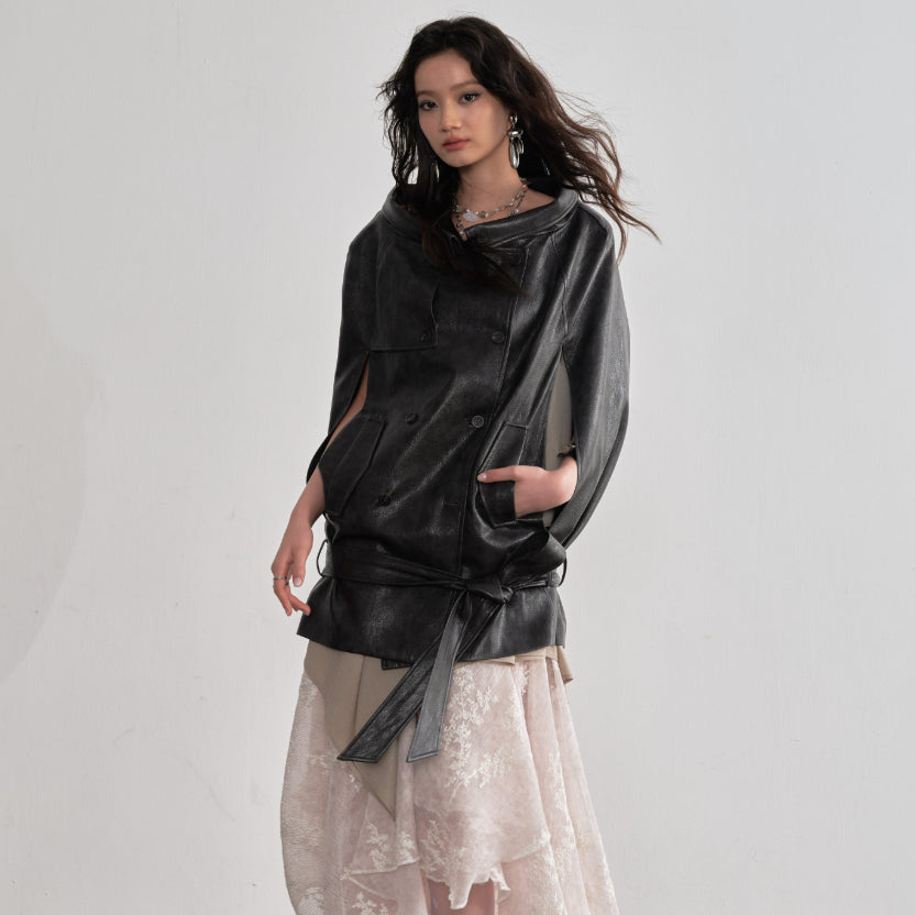 Ebony Brown PU Leather Cloak-Style Cape Jacket