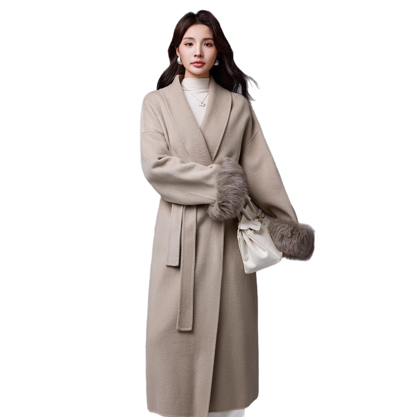 Thickened Coat With Fox-fur Sleeves Womens Belted Wool Blend