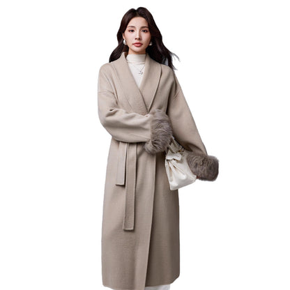 Thickened Coat With Fox-fur Sleeves Womens Belted Wool Blend