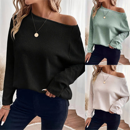 Autumn New Arrival  Solid Color Waffle-Knit Off-Shoulder Pullover Top For Loungewear