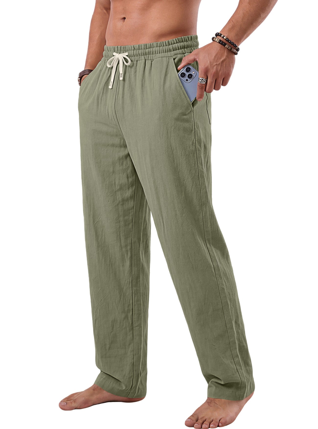 Men's American Style Washed Crinkled Linen Cotton Trousers, US Size, Summer Vacation Outdoor Beach Straight-Leg Pants For AliExpress
