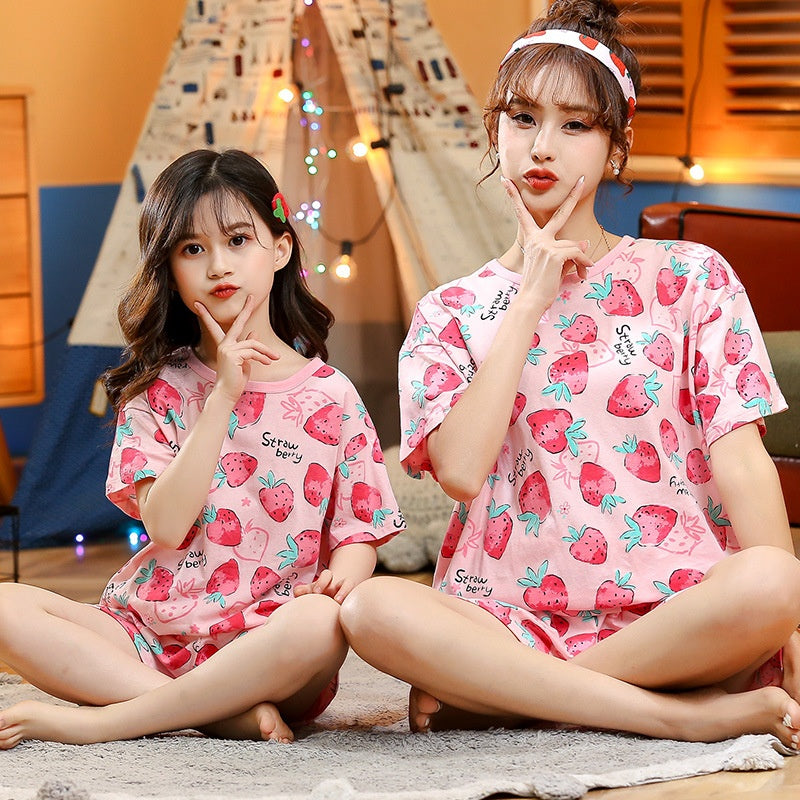 Children's Cotton Short-sleeved Home Wear Suit Parent-child Mother-daughter Home Cartoon Princess 2-piece Summer Thin Cotton