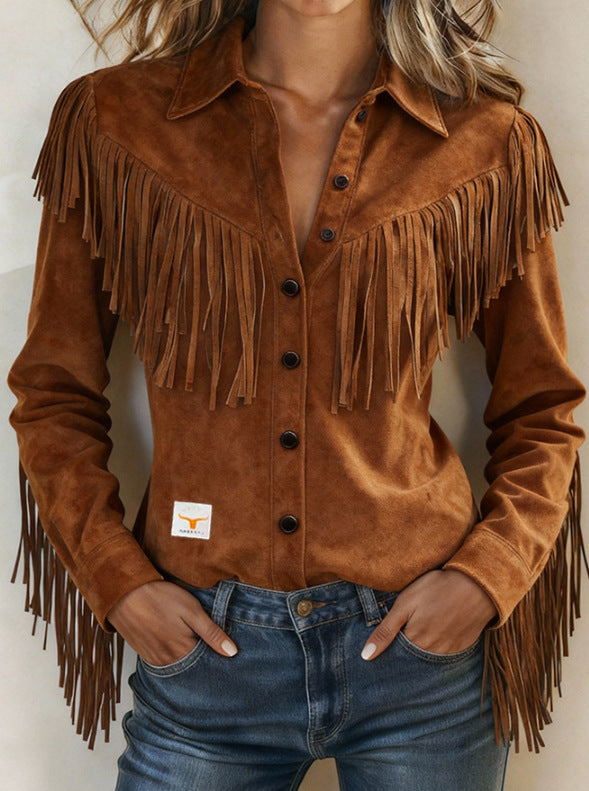 2026 Cross-Border European And American Style Fashion Tassel Suede Long-Sleeved Jacket