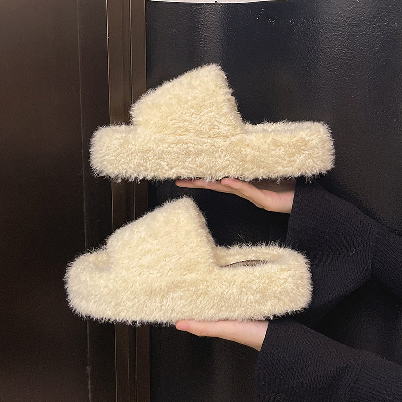 Platform Fall Winter Cotton Slippers 2026 New Fuzzy Slippers Women Outdoor Vintage Fashion Furry