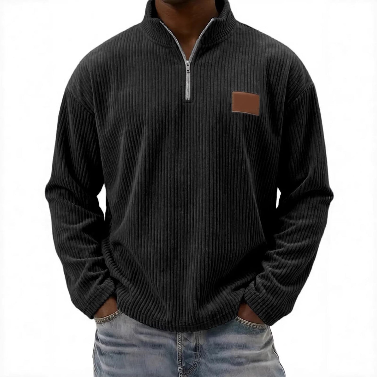 Mens Retro Corduroy Fashion Embroidered Pullover With A Stand-up Collar