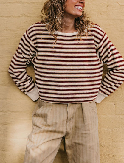 Womens Round-neck Knitted Striped Color-block Sweater
