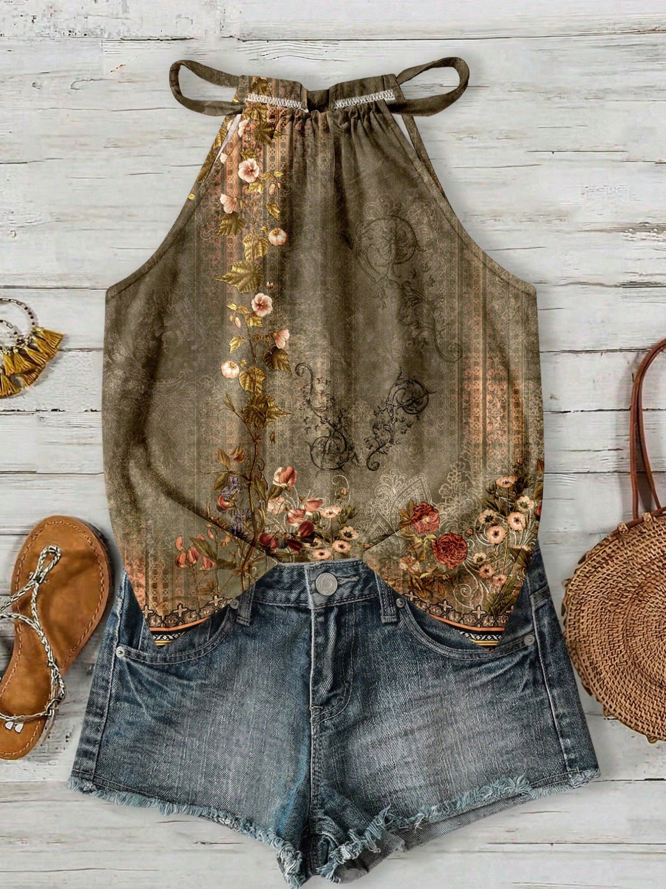 Womens Casual Resort-style Halter-neck Sleeveless Tank Top