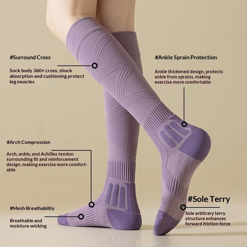Womens Solid-color Compression Sock Four-season Terry-lined Thickened And Color-blocked