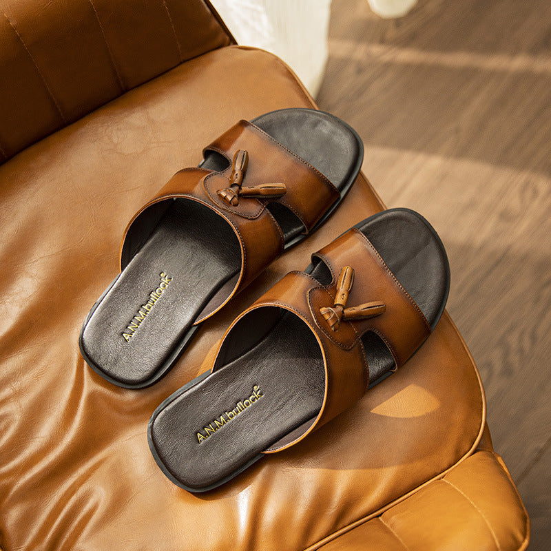 Mens Genuine Leather Slippers Made From Full-grain Cowhide