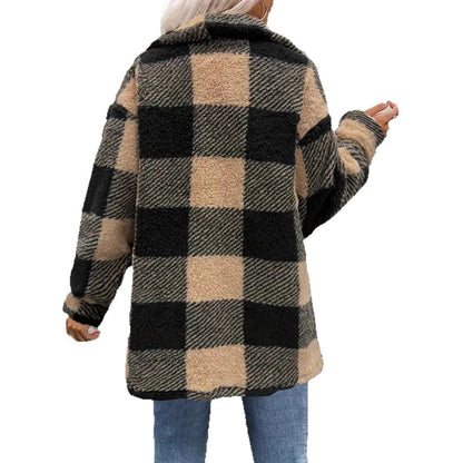Womens Fallwinter Lambswool Lapel Loose-fit Casual Plaid Plush Long-sleeve Coat