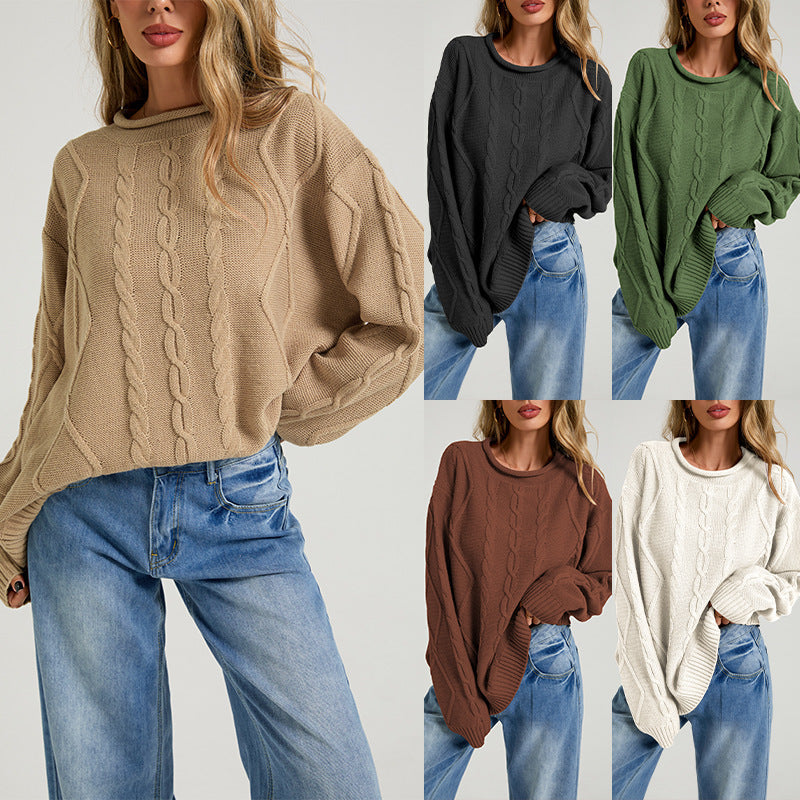 Womens European And American-style Loose-fitting Crew-neck Knit Sweater