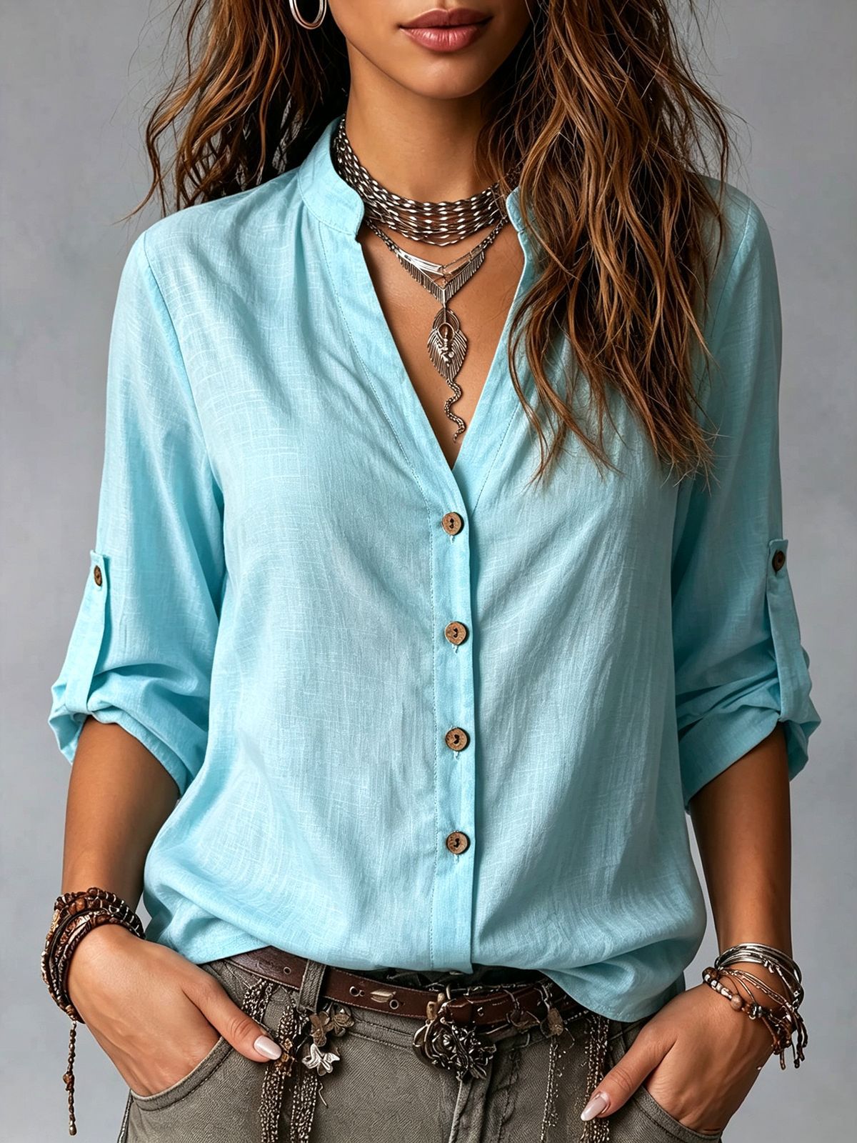 Casual-style Long-sleeve Button-down Shirt For Women