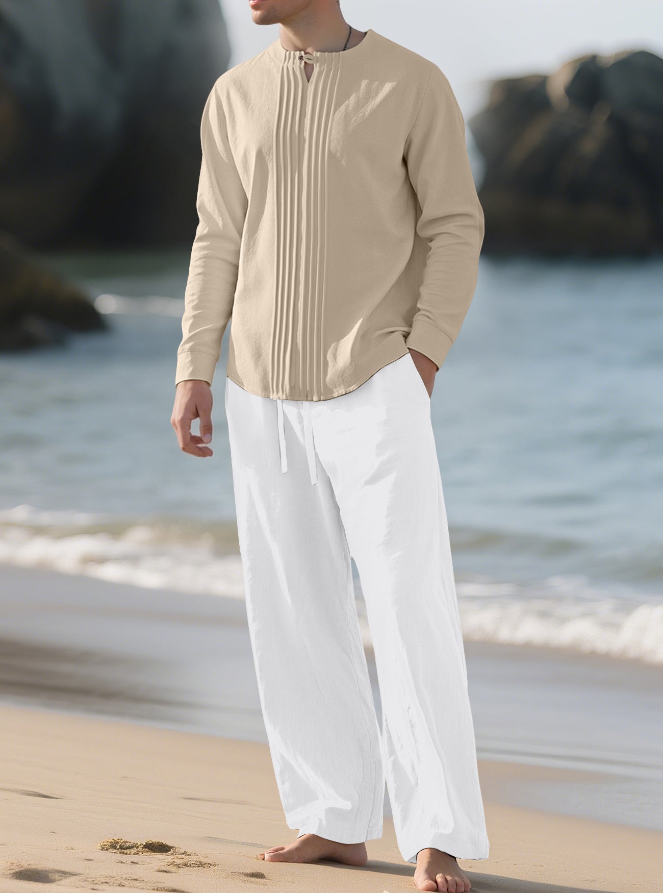 Buttoned Long Sleeve Robe And Straight-leg Pants Mens Suit