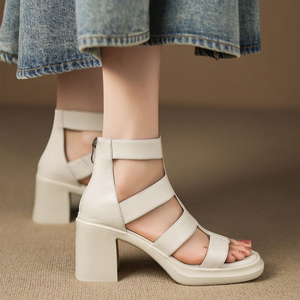 Summer Women's Soft Leather Open-toe Platform Chunky-heel Sandals