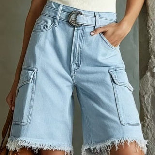 Washed Distressed Denim With Raw Edges And Multiple Pockets Womens Cropped Jeans