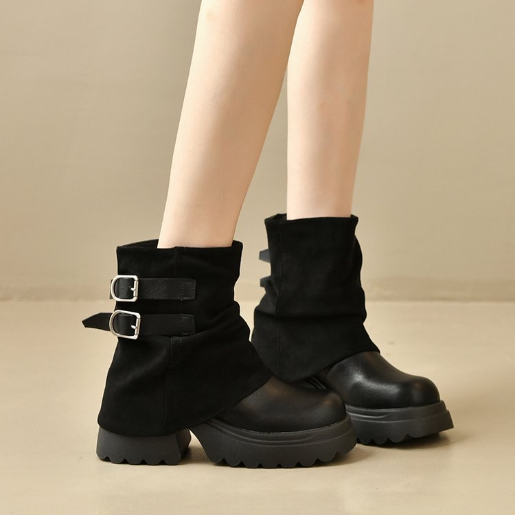 Women's Platform Height-Increasing Martin Boots, 2026 Autumn New Arrival, Popular Slouchy Ankle Boots, Mocha Pants Shaft Knight Boots