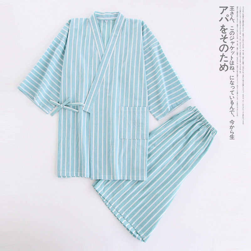 Cotton Washed Pajamas Suit Thin Striped Men's And Women's Japanese Couple Kimono Trousers Homewear Suit