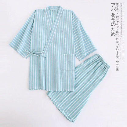 Cotton Washed Pajamas Suit Thin Striped Men's And Women's Japanese Couple Kimono Trousers Homewear Suit