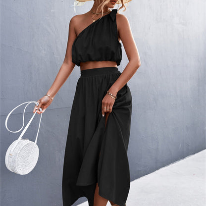 Oblique Shoulder Lace-Up Vest Slit Skirt Suit