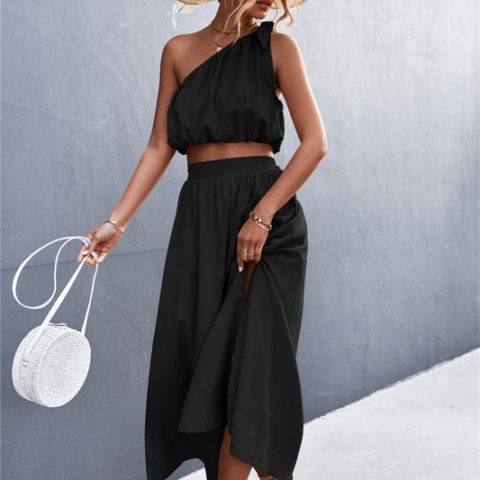 Oblique Shoulder Lace-Up Vest Slit Skirt Suit