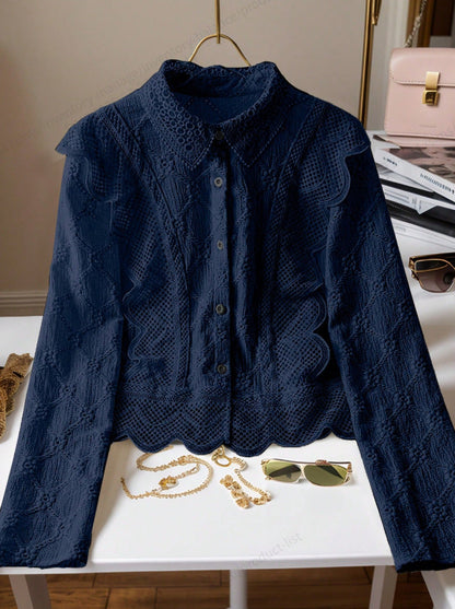 Hollow-out Suit-collar Long-sleeve Single-breasted Casual Lace-patchwork Blouse