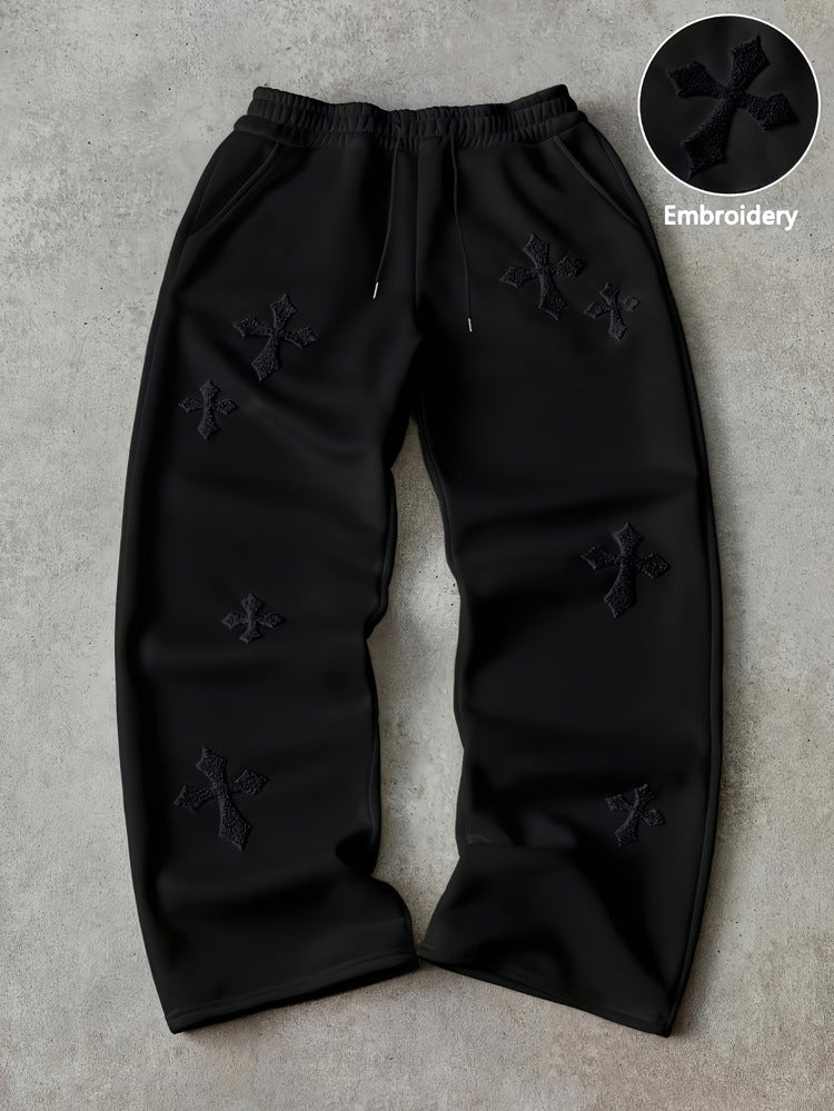 Embroidered Cross-Design Thickened Sweatpants For Men