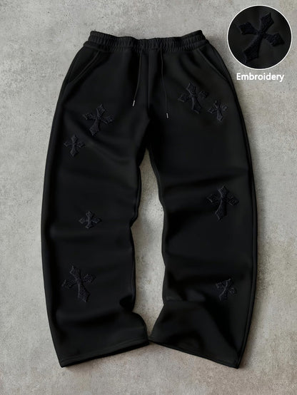 Embroidered Cross-Design Thickened Sweatpants For Men