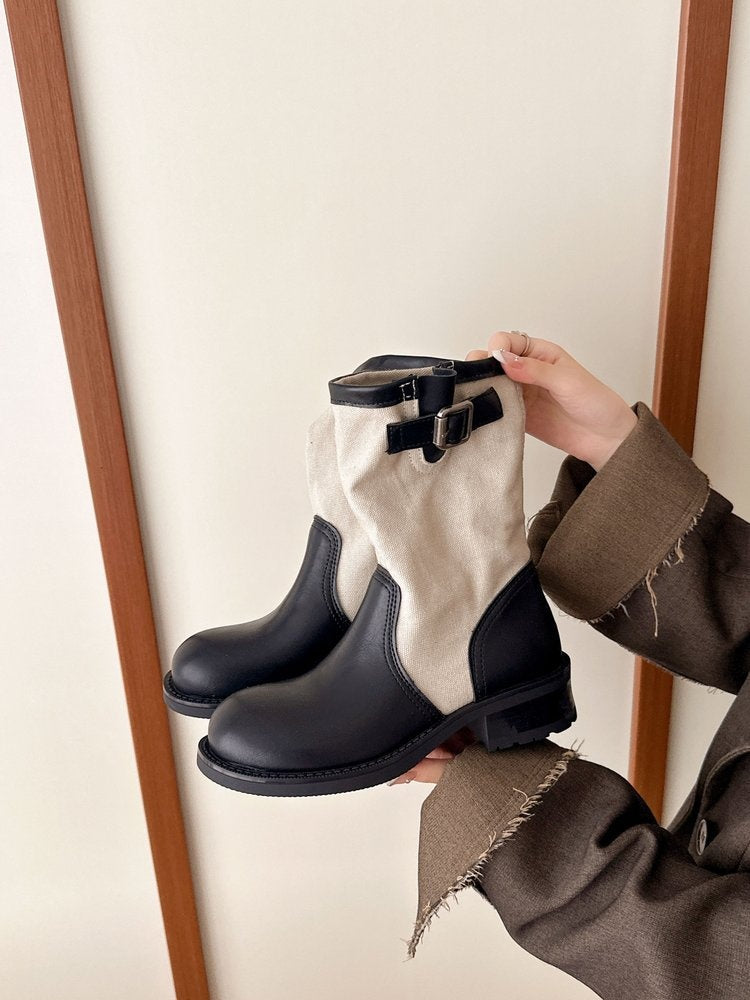 Women Vintage Spliced Fabric Mid Calf Boots Double Buckle Block Heel Slouchy Knight Western Boots