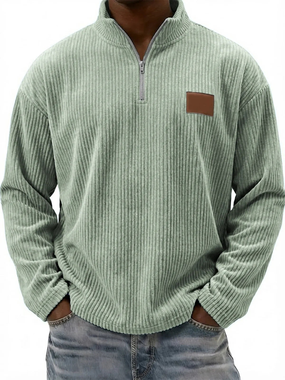 Mens Retro Corduroy Fashion Embroidered Pullover With A Stand-up Collar