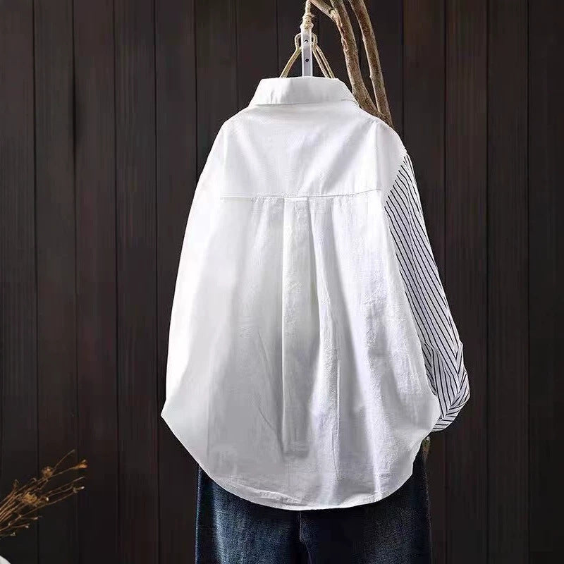 Literary-style Striped Embroidered Patchwork Blouse
