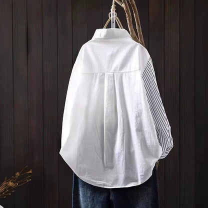 Literary-style Striped Embroidered Patchwork Blouse
